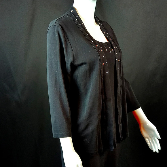 Rafaella sz Large Jet Black Cardigan / Tank Top With Silver Studded Embelishment - Picture 4 of 8